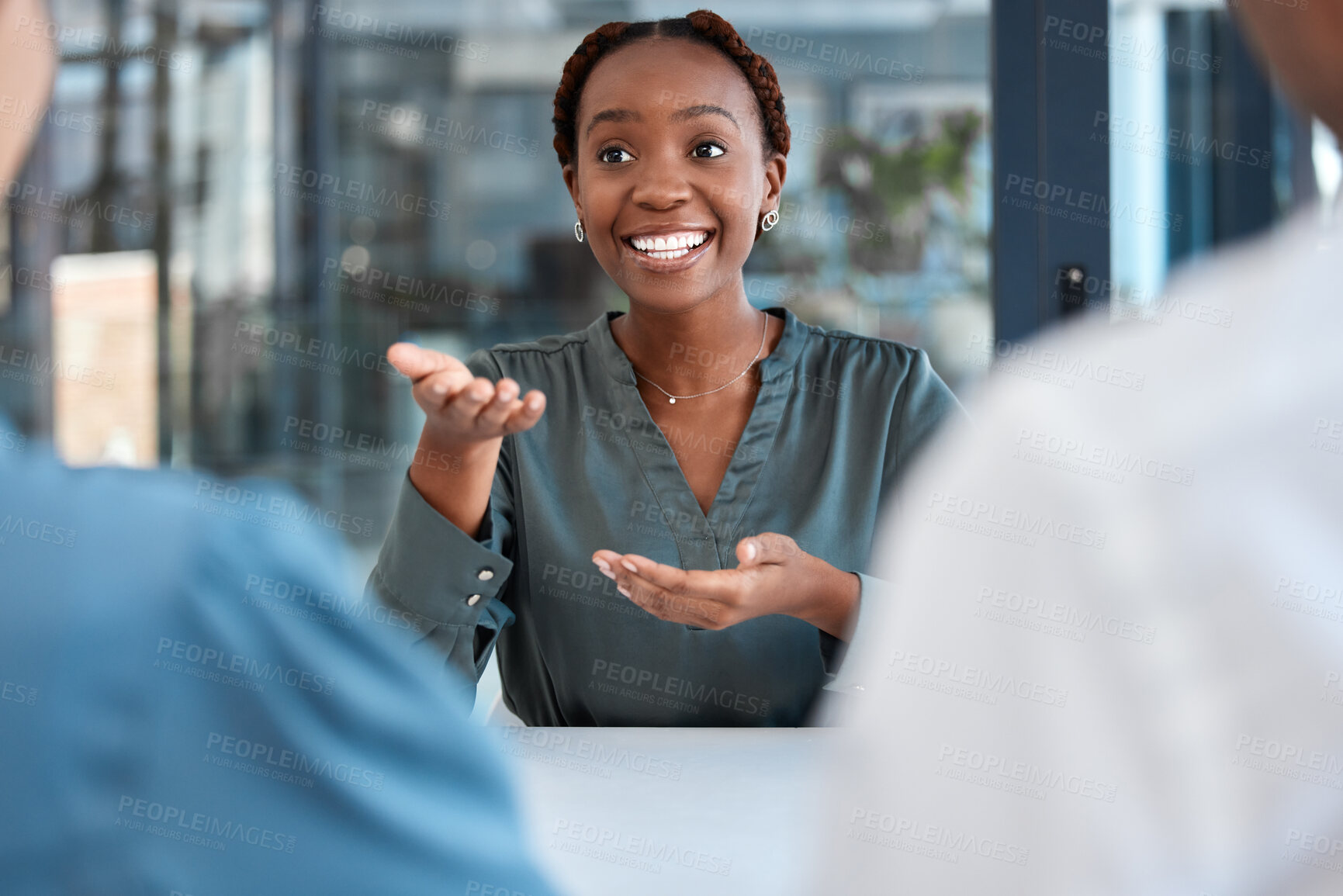 Buy stock photo Black manager, advisor or coach during business meeting while talking, speaking and explaining strategy or vision in office. African american woman planning and discussing collaboration with her team