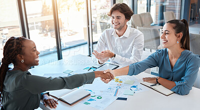 Buy stock photo Business people, handshake and working together, deal or agreement in meeting. B2b, thank you and shaking hands in partnership, teamwork or collaboration together with client in corporate office.


