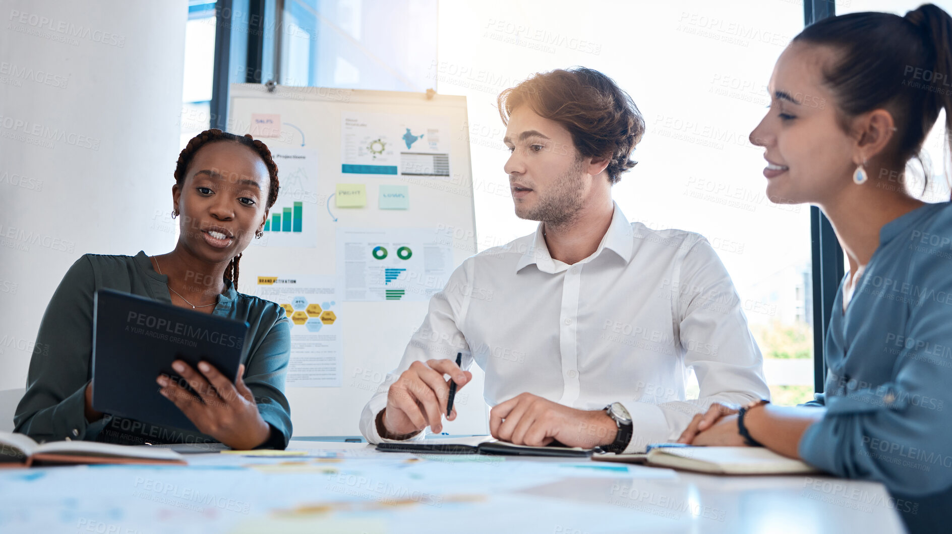 Buy stock photo Business team, analytics and collaboration meeting with tablet for marketing plan in teamwork at the office. Group of people in market analysis strategy, planning and paperwork having a discussion