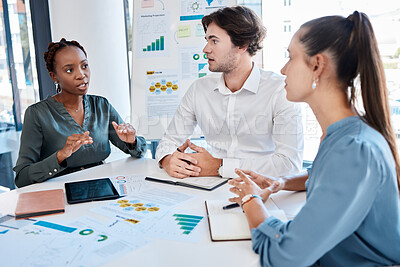 Buy stock photo Diversity, teamwork and analytics business people in meeting for communication of corporate marketing strategy, data review and planning. Manager talking innovation idea with graph, chart and mission