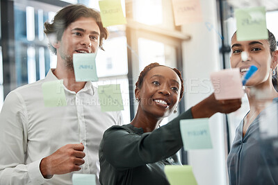 Buy stock photo SEO, marketing and advertising company with sticky notes planning, collaboration and innovation creative idea on glass wall. Diversity, teamwork and business meeting with idea, plan and work schedule