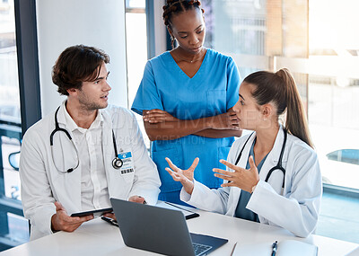 Buy stock photo Medical teamwork, hospital meeting and healthcare collaboration with doctor, nurse and surgeon planning surgery, patient analysis and medicine. Expert clinic workers consulting test research results