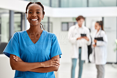 Buy stock photo Nurse, healthcare and medicine with a woman working in healthcare for health, wellness or insurance in a hospital. Portrait of a female medical student or professional standing arms crossed inside