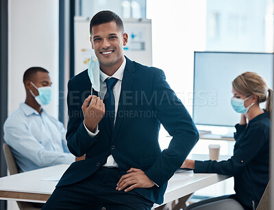 Buy stock photo Businessman with covid face mask at end of pandemic, happy with compliance and regulations at work office and in a meeting. Portrait of manager in suit with smile with team and teamwork at company