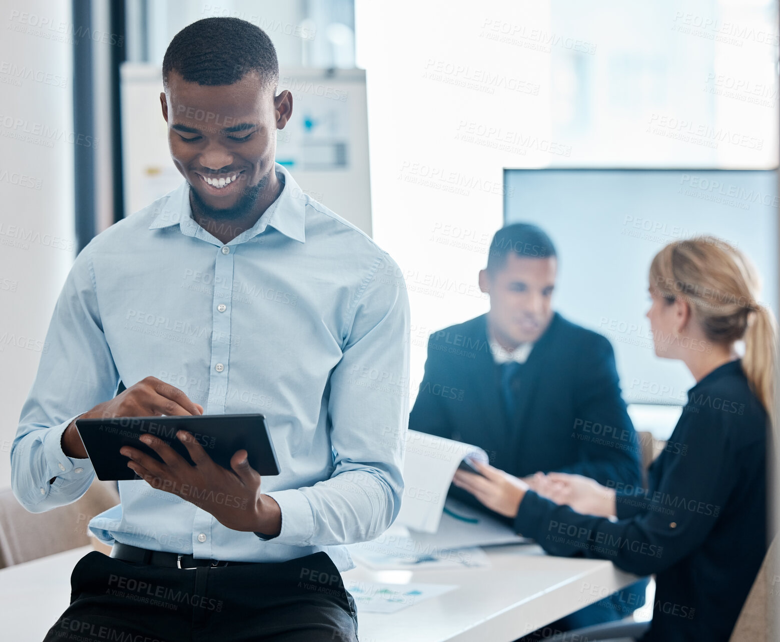 Buy stock photo Business man, tablet and marketing research for crm while in team meeting with a smile for good feedback. Diversity, corporate and professional group of people doing planning and working in a office