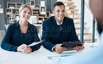 Buy stock photo Human resources, interview and hiring with CEO, business people and manager in meeting for learning training and recruitment. Teamwork, strategy and deal with business workers talking in the office