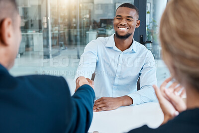 Buy stock photo Shaking hands, interview and business people give a handshake after hiring a new company employee. Onboarding, thank you and management welcome young African worker a job promotion in office meeting
