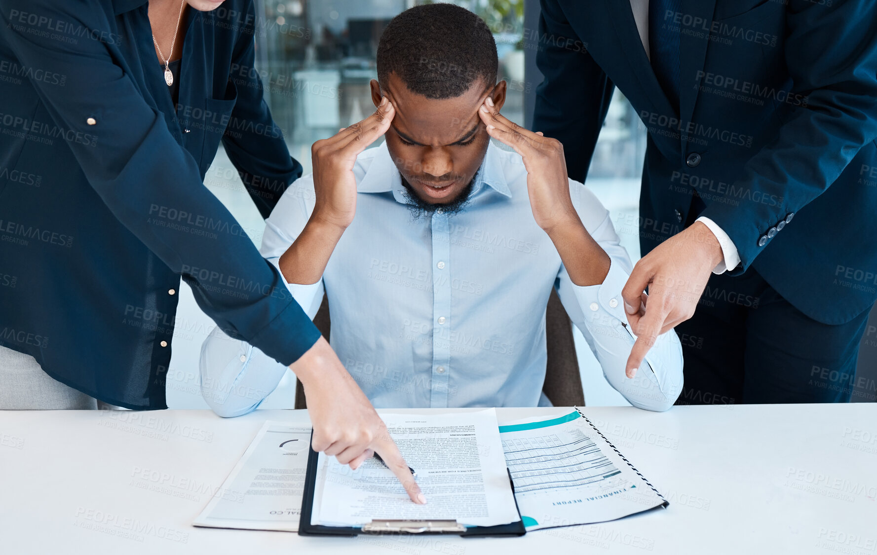 Buy stock photo Stress, overload and headache with businessman and burnout, overworked and pressure at corporate company. Frustrated, anxiety and mental health with black man overwhelmed with too much work