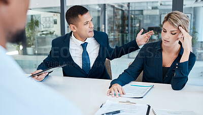 Buy stock photo Angry, fight and divorce lawyer at work bullying a person in a meeting due to a mistake and office politics in the company. Stress, conflict and anger worker frustrated with corporate businesswoman 