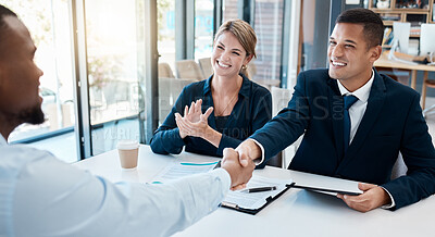 Buy stock photo Business meeting, merger and agreement at corporate desk with positive and successful result. Partnership, trust and respect gesture with hands in professional deal with b2b cooperation.