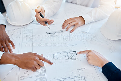 Buy stock photo Architecture, blueprint and engineering team pointing, planning and discussing construction development project with the floor plan. Collaboration with engineers and architects working on 3d design