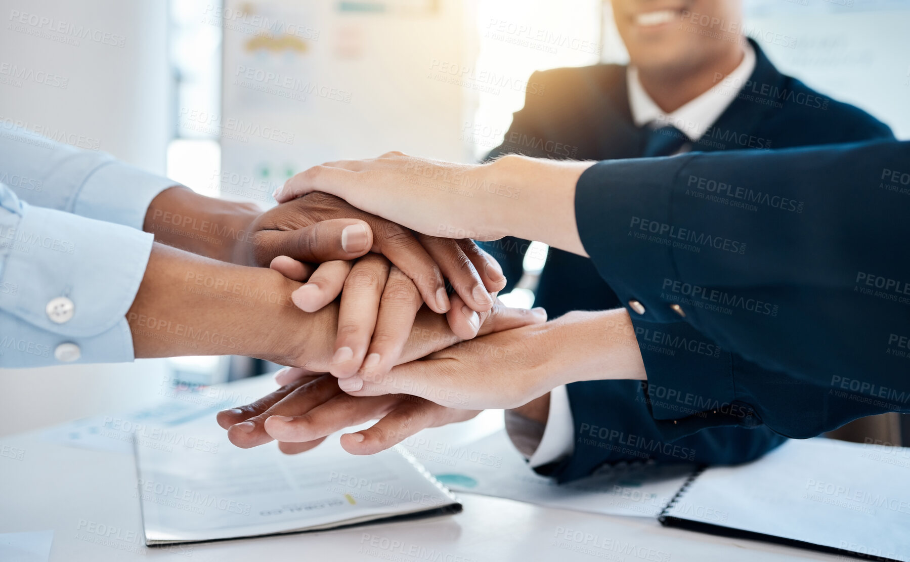 Buy stock photo Teamwork, support and victory for business people celebrating a successful meeting in the office. Hands of a team or group of happy corporate or executive employees in unity, support and trust