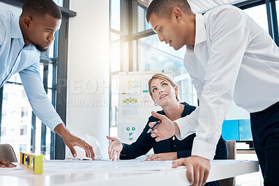 Buy stock photo Business architect team diversity, collaboration and teamwork planning a project strategy. Architecture or engineering group working together with level on engineer logistics and builder office data 