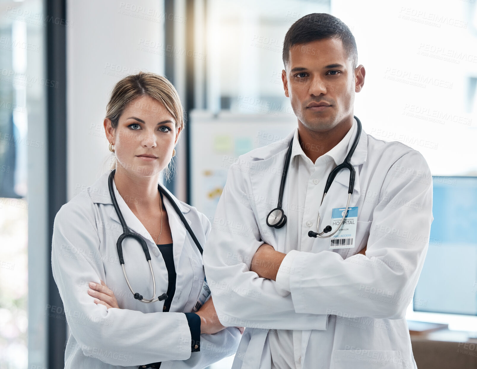 Buy stock photo Portrait doctor team, professional healthcare and medical trust of two surgeons, cardiology experts and therapists ready for clinic service. Wellness hospital staff, focus career and medicine workers