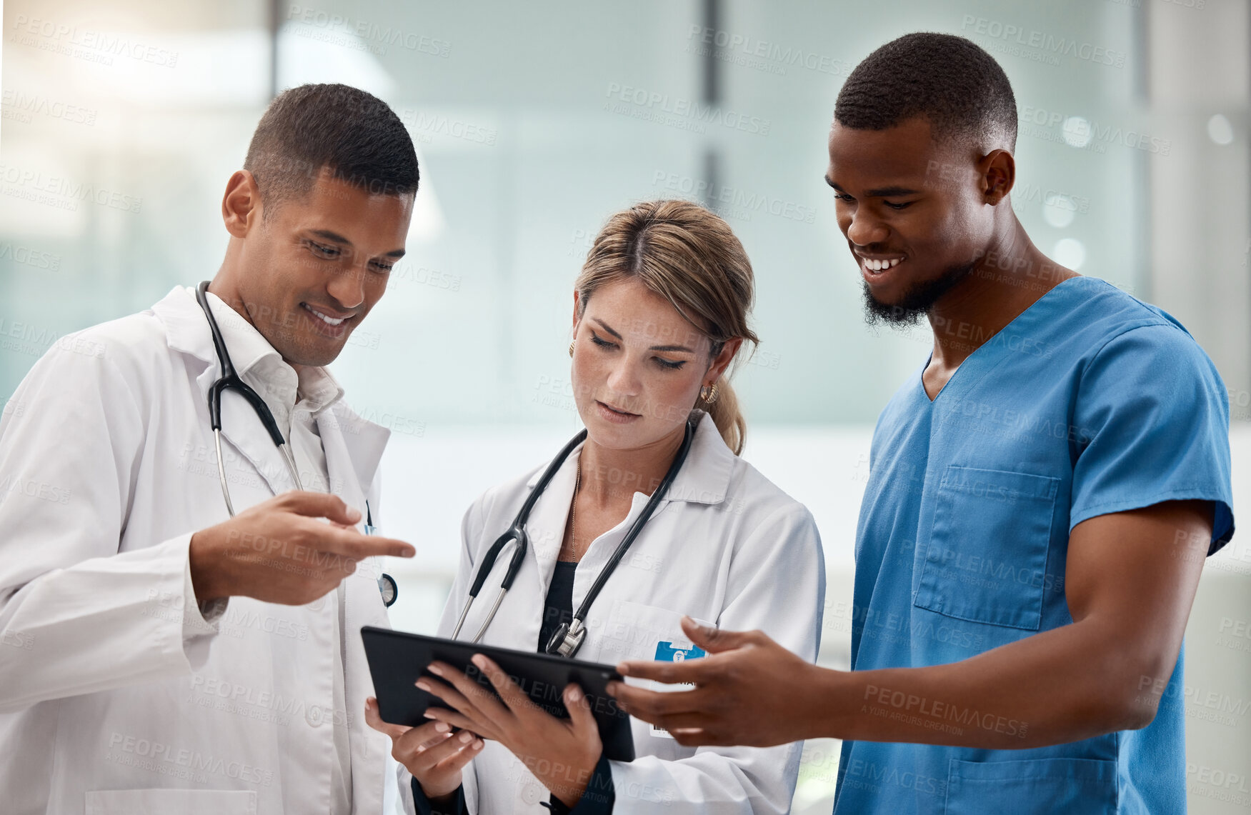 Buy stock photo Medical, doctor and nurse team with a tablet working on medicine and hospital data. Collaboration of health and wellness staff healthcare workers with diversity looking at healthy web test results