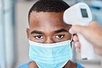 Covid thermometer test of man with face mask for office, work or business policy. Corona virus forehead scan or screening temperature at entrance for safety, precaution and protection in workplace