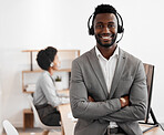 Call center, customer service and crm consultant wearing headset and looking happy in telemarketing company. Portrait of confident black man in contact us and sales support department for assistance