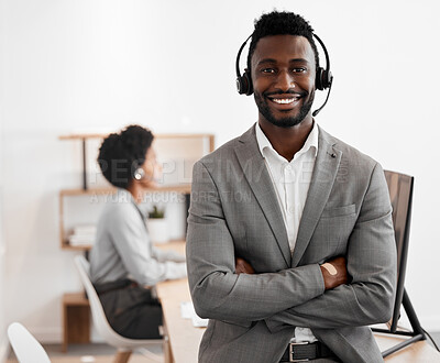 Buy stock photo Call center, customer service and crm consultant wearing headset and looking happy in telemarketing company. Portrait of confident black man in contact us and sales support department for assistance