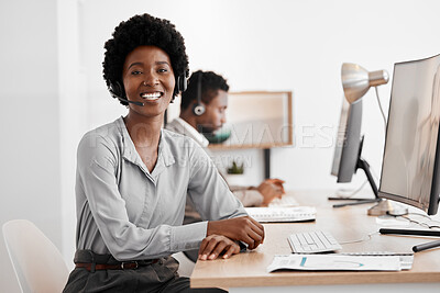 Buy stock photo Telemarketing, customer support and business woman in call center, contact us and sales consultant office. Customer service, communication and crm with black woman working in marketing company 