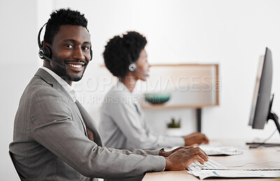 Buy stock photo Web customer support and internet business man on a online help consultation. Portrait of a happy internet call center employee working on digital crm tech consulting and contact us telemarketing
