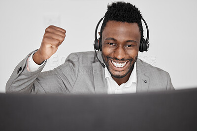 Buy stock photo Call center, customer service or telemarketing worker with celebration, winner and motivation while working in an office. Excited happy businessman celebrating success of sale target and goal to win