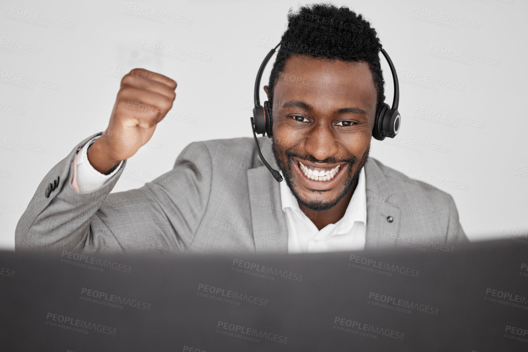 Buy stock photo Call center, customer service or telemarketing worker with celebration, winner and motivation while working in an office. Excited happy businessman celebrating success of sale target and goal to win