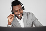 Customer support, call center and crm with a business man consulting on a call with a headset. Contact us, telemarketing and sales with a consultant in an office for help, assistance and service