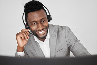 Buy stock photo Customer support, call center and crm with a business man consulting on a call with a headset. Contact us, telemarketing and sales with a consultant in an office for help, assistance and service