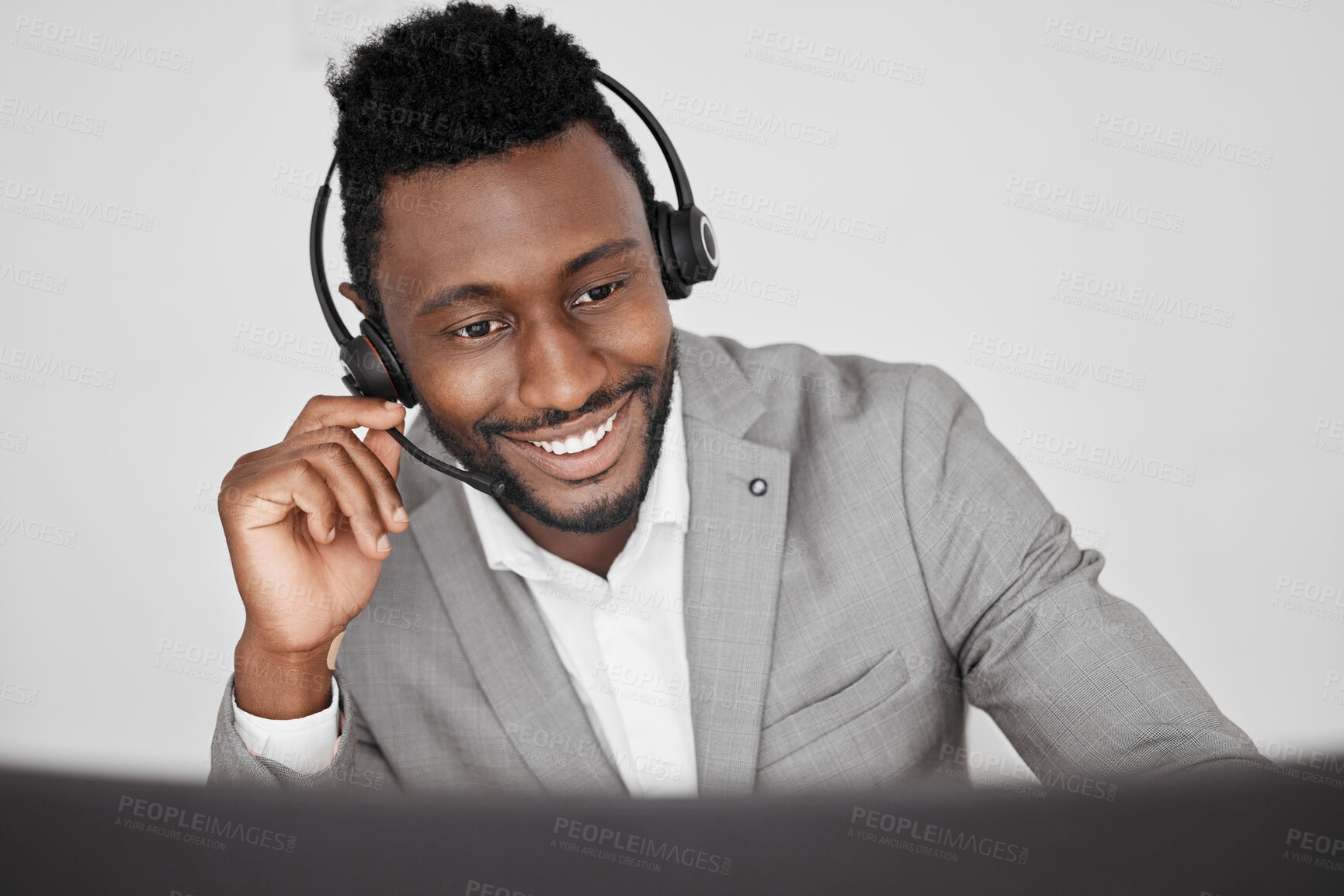 Buy stock photo Customer support, call center and crm with a business man consulting on a call with a headset. Contact us, telemarketing and sales with a consultant in an office for help, assistance and service
