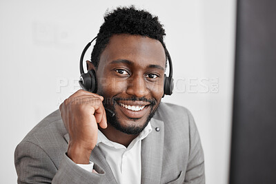 Buy stock photo Call center, black man and contact us worker in crm customer service, consulting and sales telemarketing office. Happy smile portrait of businessman, receptionist or communication employee