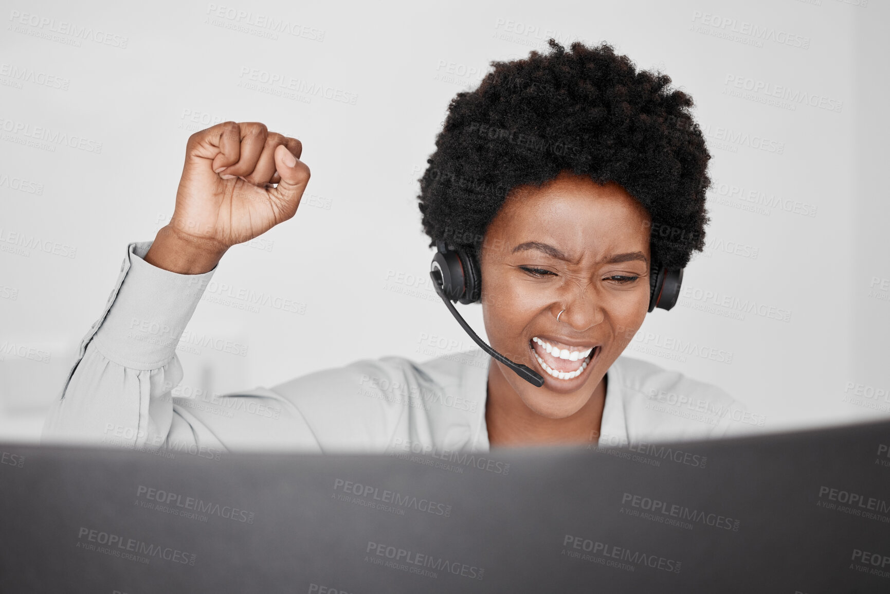 Buy stock photo Celebration and motivation in a call center for customer support with a woman consultant saying wow and busy on a call to help or assist with service. Contact us, crm and telemarketing with success