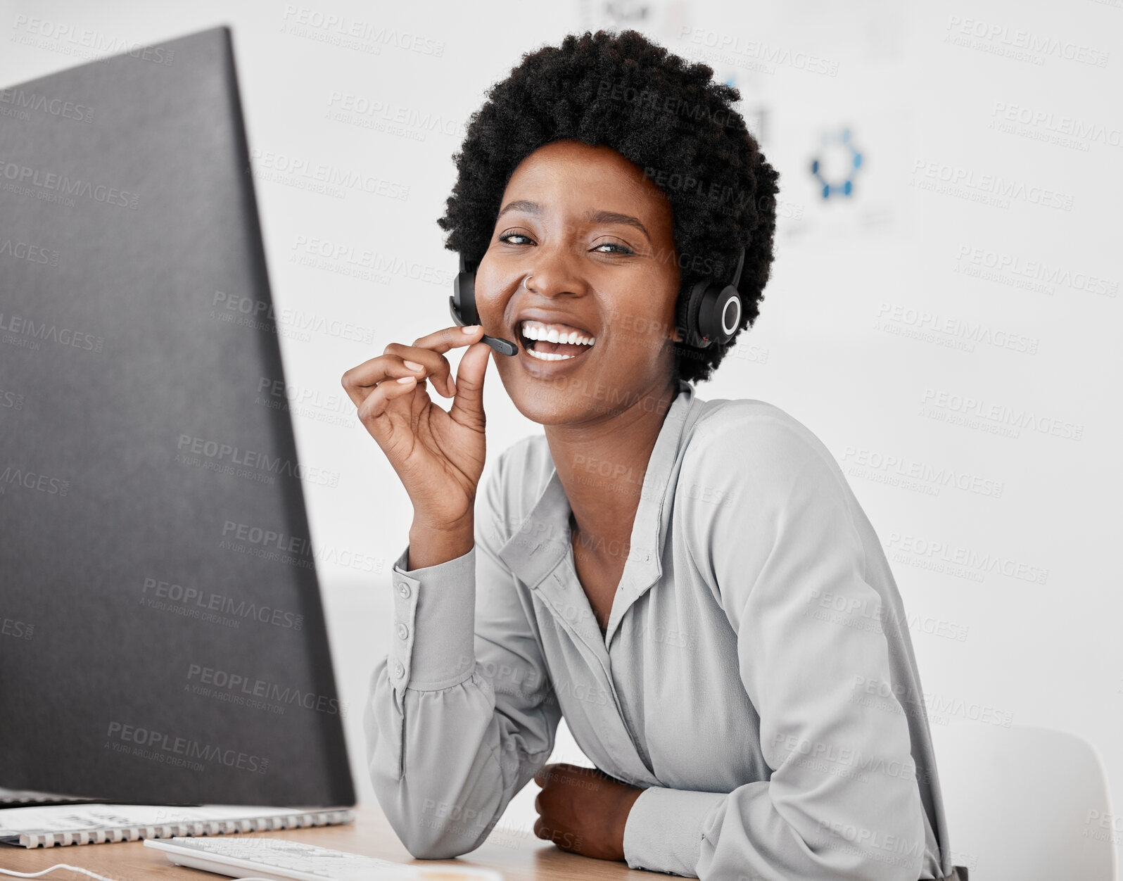 Buy stock photo Call center, customer service or help desk, corporate black woman offering online support. Confident telemarketing agent, giving customer support and expert advice or friendly and good communication.