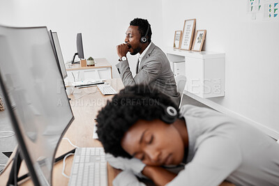 Buy stock photo Burnout, yawn and tired call center people sleeping on desk with computer in contact us, consulting and customer service office. Black woman, sleepy man or bored team workers from overworked crm task
