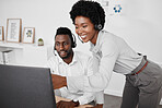 Contact us, customer service or call center agent with help, support and consulting coworker with 404 error on computer. Collaboration, consultation and teamwork on technology, glitch or company web.