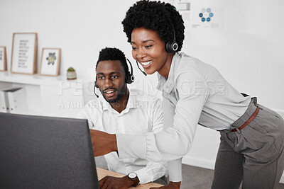 Buy stock photo Contact us, customer service or call center agent with help, support and consulting coworker with 404 error on computer. Collaboration, consultation and teamwork on technology, glitch or company web.