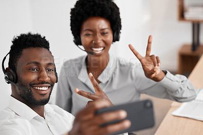 Buy stock photo Selfie, peace and friends in a call center with a consultant and colleague in customer support, telemarketing and sales. Contact us, crm and consulting with people taking a photograph in an office
