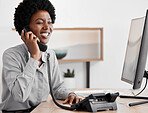 Black woman secretary on business telephone phone call working and in communication calling clients. African lady or girl receptionist speaking with office management person in corporate company