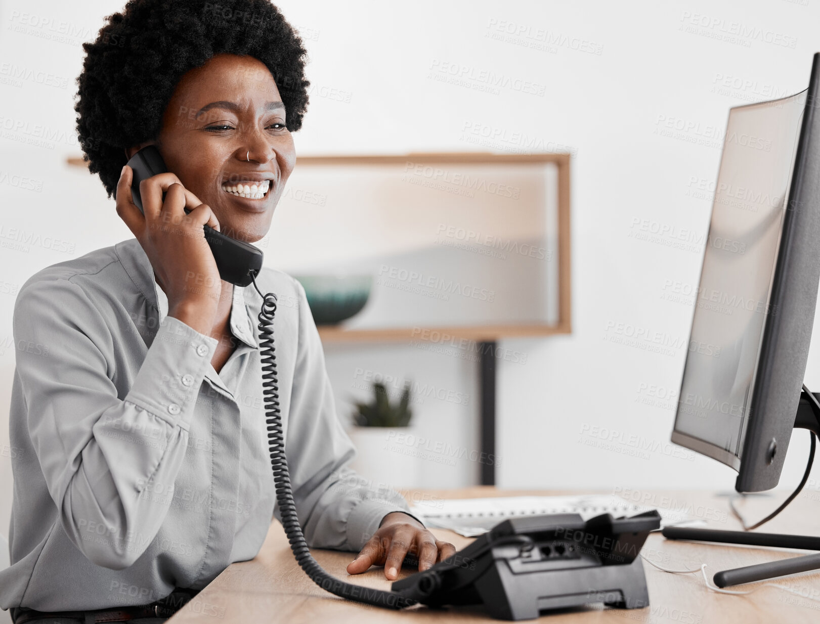 Buy stock photo Black woman secretary on business telephone call working and in communication calling clients. African lady or girl receptionist speaking with office management person on corporate company call