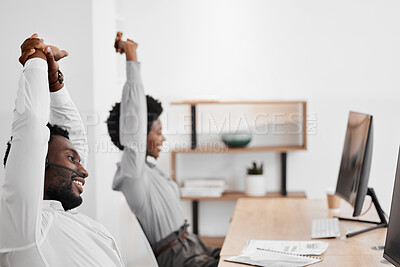 Buy stock photo Stretching, call center and customer service people with computer in contact us support and crm consulting office. Happy smile, man or motivation black woman ready to help telemarketing communication