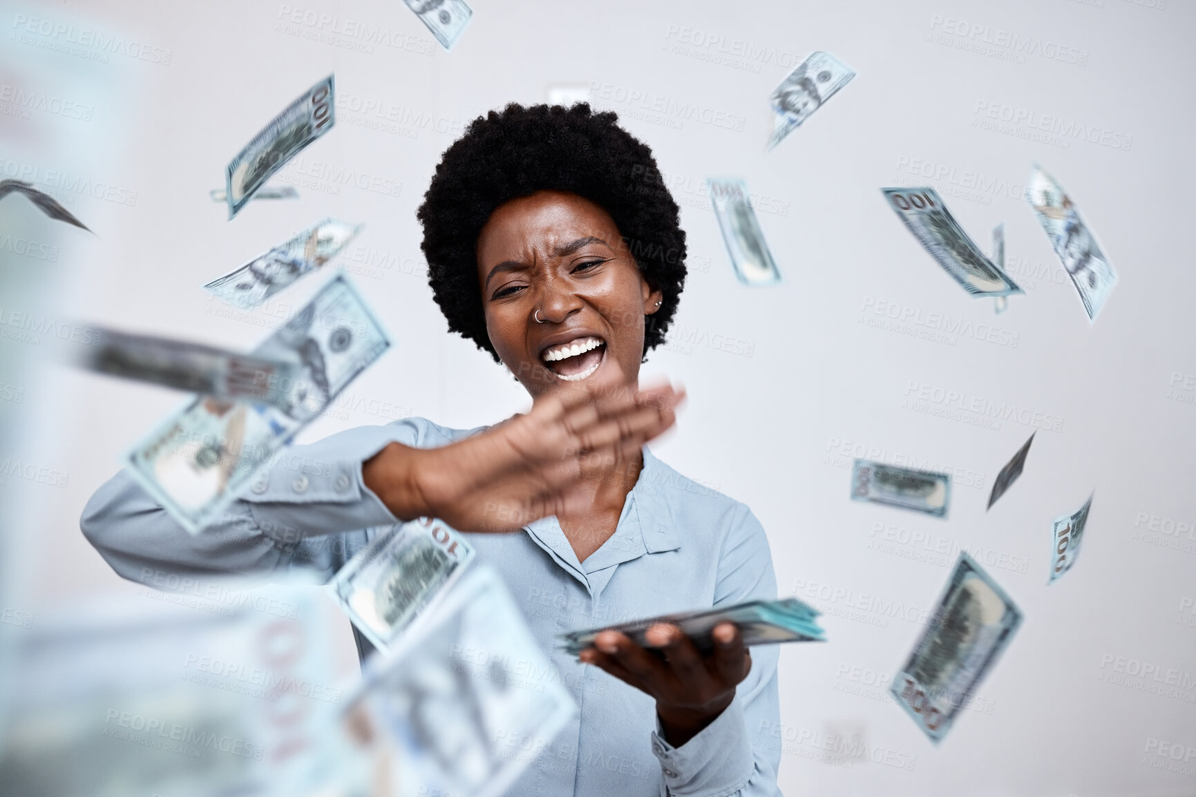 Buy stock photo Winner, celebration and raining money with black woman and spray of cash, investment or wealth. Achievement, success and profit with excited young female after winning lotto, cashback or promotion
