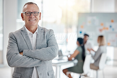 Buy stock photo Leadership, business man boss and corporate director working with vision, success and motivation in company office. Portrait of senior executive ceo, happy professional entrepreneur and smile manager