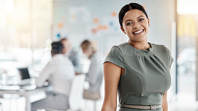 Buy stock photo Business woman, leadership or employee with smile on table with inspiration, motivation or vision in office. Portrait of leader, happy worker or entrepreneur with success, startup company and smiling