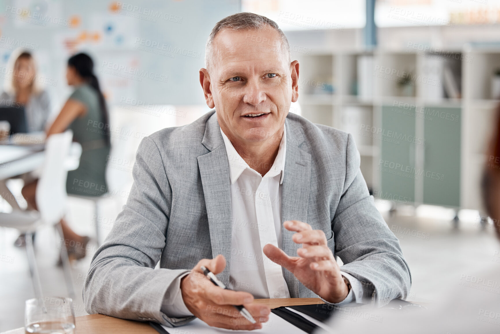 Buy stock photo Businessman planning in meeting at work, interview with employee at legal startup company and recruitment of worker. Lawyer, manager and corporate boss in contract discussion in business partnership