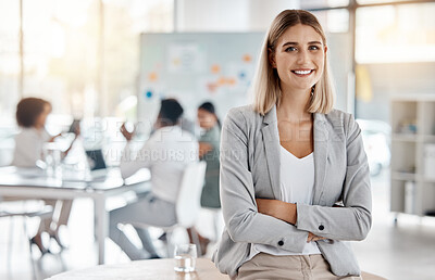 Buy stock photo Portrait of girl leader or manager at a team planning, collaboration and strategy business meeting. Woman empowerment, leadership and management at a marketing office of a startup corporate company