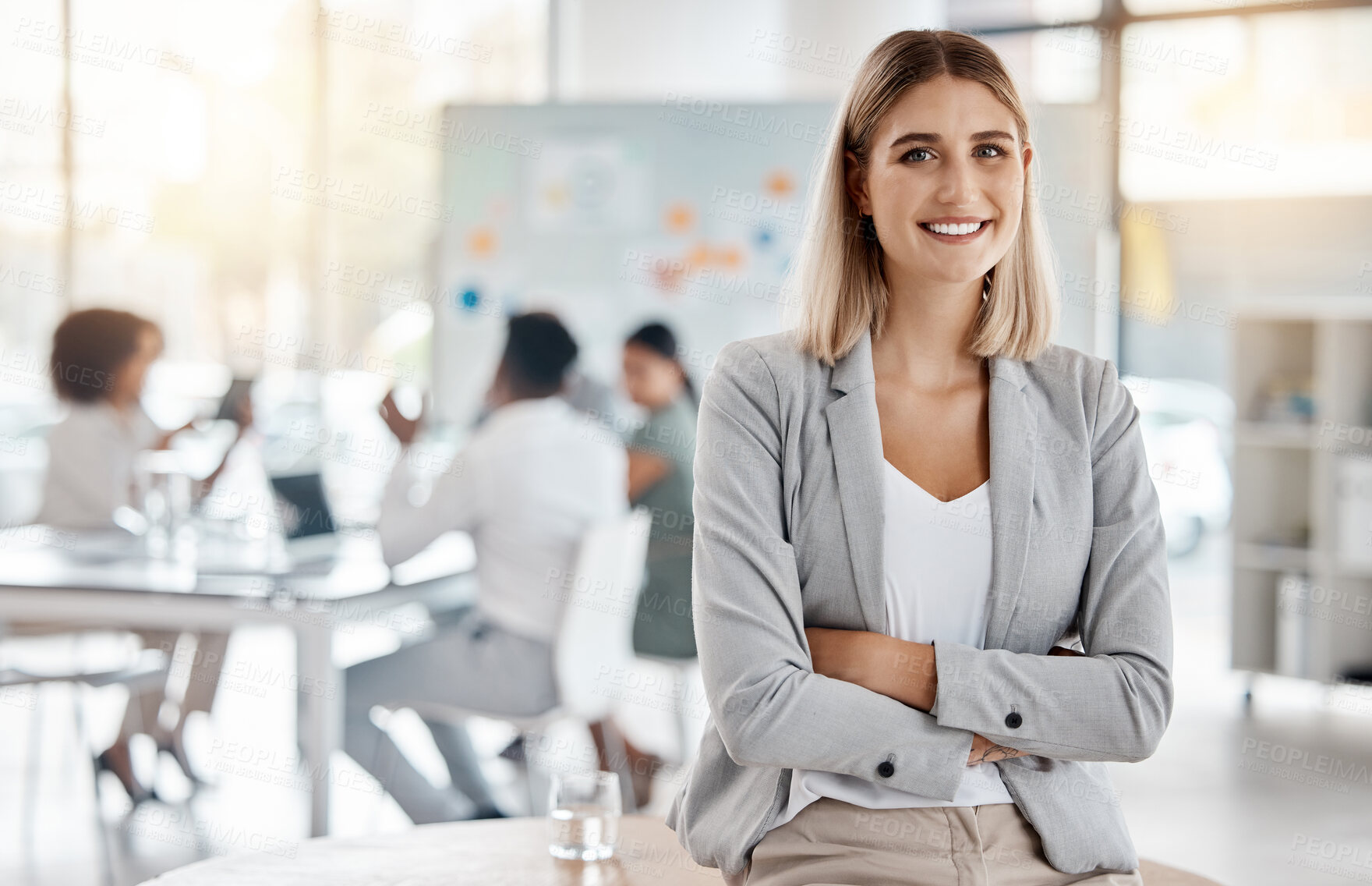 Buy stock photo Portrait of girl leader or manager at a team planning, collaboration and strategy business meeting. Woman empowerment, leadership and management at a marketing office of a startup corporate company
