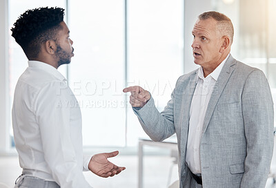 Buy stock photo Angry businessman executive and finger pointing for conflict mistake or KPI fail. Corporate boss, ceo or manager unhappy, frustrated or stress fight with employee for bad job or career review results
