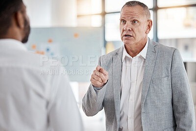 Buy stock photo Angry businessman, finger pointing or argument or fight at workplace after misunderstanding. Leader, ceo or boss unhappy with work of employee, arguing or fighting, conflict or performance review.

 