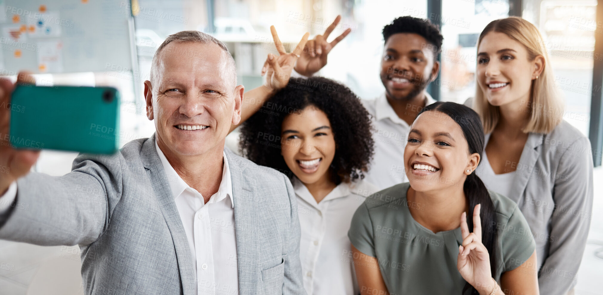 Buy stock photo Happy, corporate people take selfie, team building. Diverse group, business men and women, smartphone photography. Creative, friendly and fun activity, unity and respect in business workplace.
