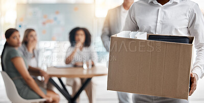 Buy stock photo Business man fired, unemployed box and dismissal from job in office for stress, depression and fear of mistake, failure and problem. Sad employee leaving company, economy crisis quit and bad worker