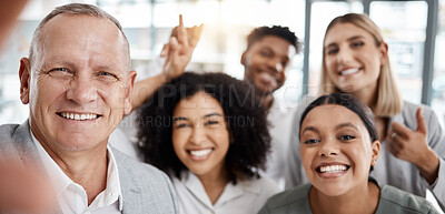 Buy stock photo Selfie, smile and happy team at work having fun, bonding and enjoying their lunch break at the office. Friends, diversity and business people smiling for a picture together to post it on social media